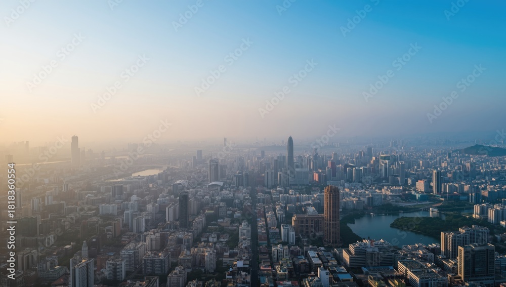 Obraz premium Aerial view of a dense urban area with high-rise buildings, emphasizing city layout and infrastructure, urban density, Earth Day