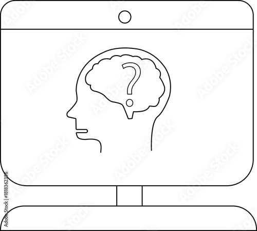 A monitor displays a brain with a question mark inside a head silhouette