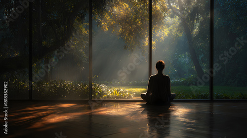 Person practicing deep breathing in soft morning light surrounded by silence 