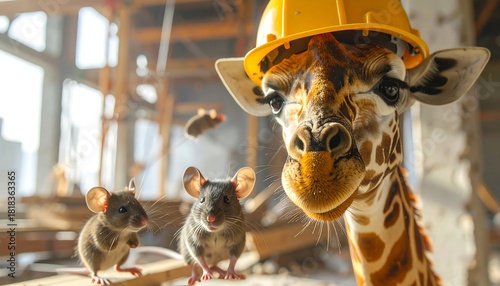 Giraffe in construction hardhat with three tiny mice. Unfinished structure blurry background