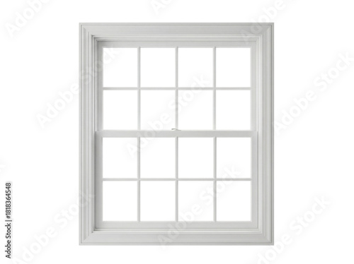 White window frame PNG isolated on transparent background, classic double hung window for architecture and design projects