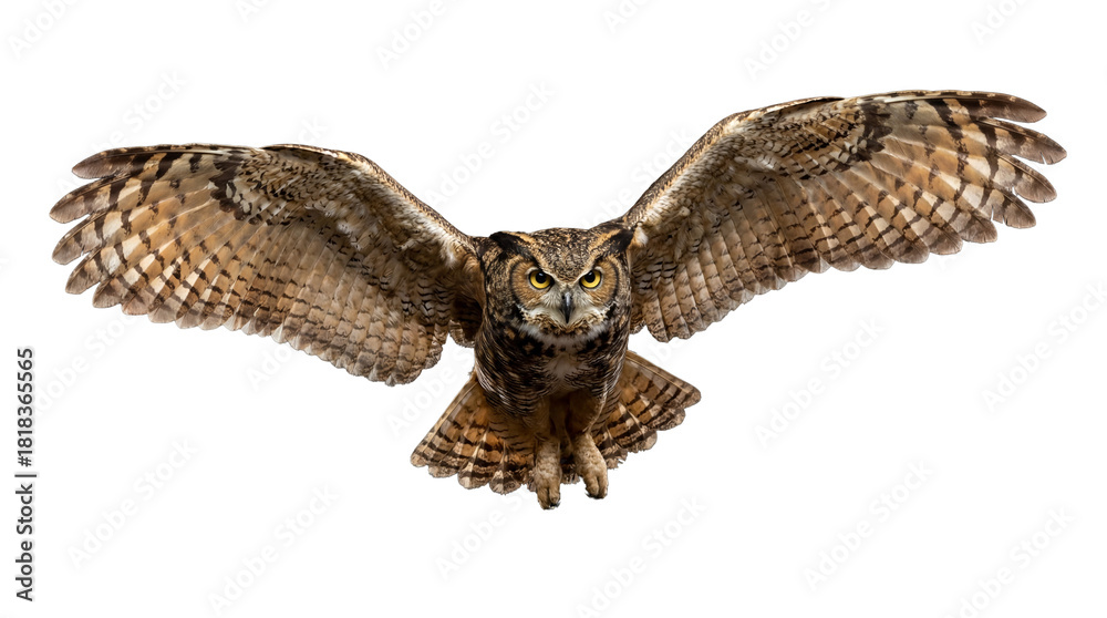 Naklejka premium Great horned owl flying PNG isolated on transparent background, majestic bird of prey with outstretched wings, wildlife animal