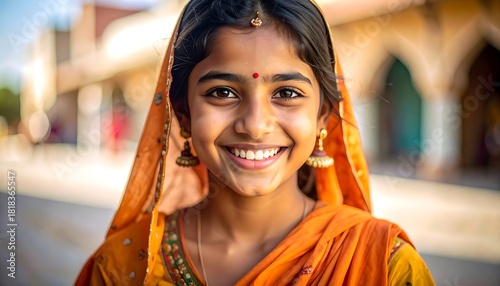 Girl smiles brightly wearing traditional orange attire, outdoor with soft background light