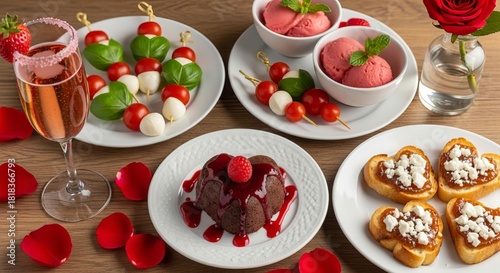 Wallpaper Mural Artful Spread of Edible Delights Featuring Caprese Skewers Rose Ice Cream and Heart Shaped Appetizers Paired with Pink Champagne in Bright Ambient Light Torontodigital.ca