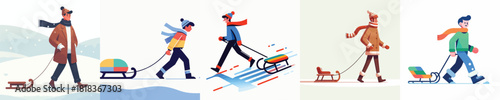 vector of a man pulling a sled in the snow