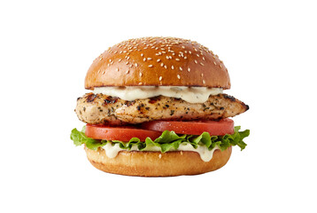 Delicious chicken burger isolated PNG on transparent background, grilled chicken sandwich with tomato and lettuce for fast food menu