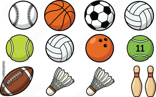 sports equipment, sports balls, baseball, basketball, soccer ball, volleyball, tennis ball, bowling ball, football, shuttlecock, bowling pins, athletic gear, physical activity, team sports, individu