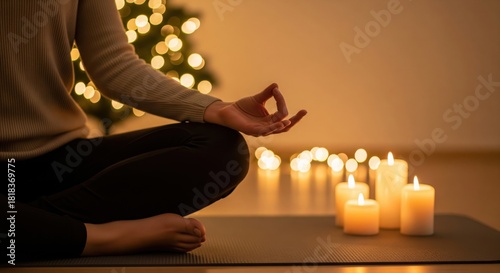 Meditative yoga hand near candles and soft festive Christnas lights showing calm balance gentle presence and quiet harmony within warm indoor scene, peaceful meditation