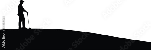 Black silhouette of a golfer standing on a hill with club, vector illustration of golf player on course, isolated on white background.