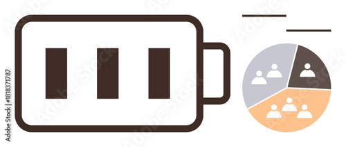 Battery graphic symbolizing energy alongside pie chart showing group collaboration and resource allocation. Ideal for teamwork, productivity, workflow, efficiency, balance, organization, simple flat