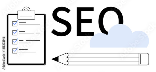 SEO text with checklist, pencil, and cloud graphic implying organization, analysis, and optimization. Ideal for digital marketing, strategy, content creation, research work planning ranking simple