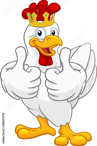 A chicken rooster cockerel bird cartoon character in a kings gold crown giving a double thumbs up