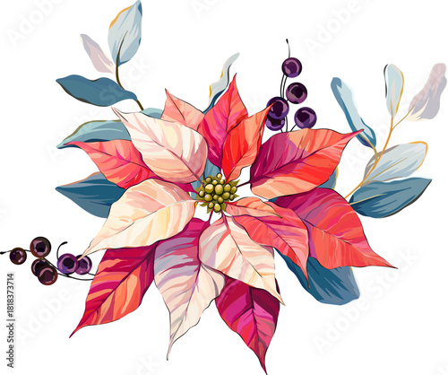 Christmas bouquet with poinsettia flower, vector illustration with floral pattern for winter season, festive seamless background with rowan berries, pine branch, star flowers, Christmas decorative ban