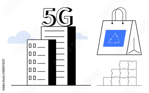 5G technology. 5G ed with buildings alongside eco-friendly and innovation symbols. 5G supports connectivity, environmental awareness, and technological integration. For tech, green initiatives
