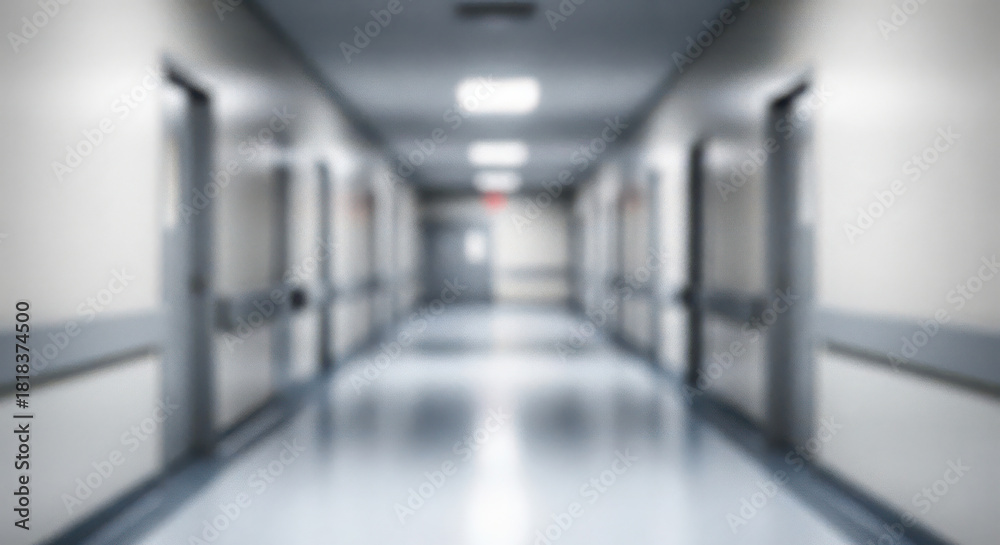 Fototapeta premium Blurred empty hospital corridor with glowing lights and closed doors