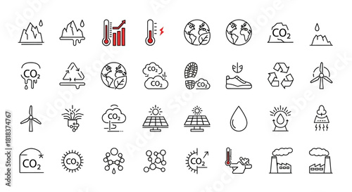 Climate Change Icons - Global Warming, Pollution, and Sustainable Solutions.