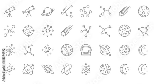 Collection of astronomy and space exploration line icons.