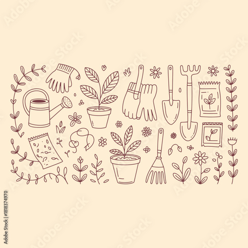 Hand drawn gardening tools plants and seeds in a decorative border vector
