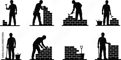Professional Skilled Construction Worker Mason Bricklayer Silhouettes Hard Hat Trowel Hammer Building Wall House Commercial Residential Service Manual Labor Tradesman