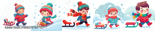 vector of a little boy pulling a sled in the snow