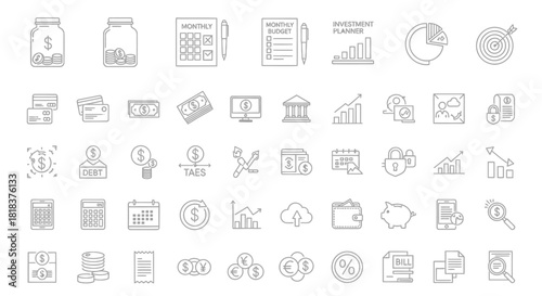 Comprehensive collection of financial and business line icons for various applications.