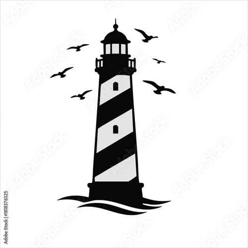 Black and White Vector Illustration of a lighthouse with seagulls flying around it.