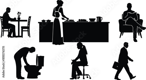Vector Silhouette Collection of Everyday Home and Office Activities, Including Dining, Cooking, Cleaning, Reading, Sitting, and Walking Businessman, Representing Daily Routine and Lifestyle.