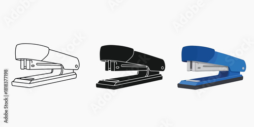 Stapler Three styles vector set line art, silhouette and color version of the office supply