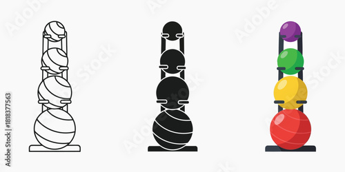 Exercise balls Three styles vector set line art, silhouette and color version on a rack, perfect for fitness studios and home gyms, promoting health and wellness