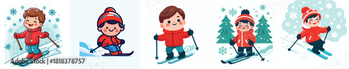 vector of a little boy skiing in the snow