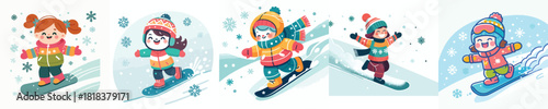 vector of a little girl snowboarding in the snow