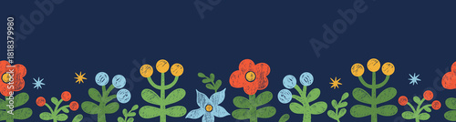 Hand-drawn Crayon Floral Seamless Border. Bright blooming poster with Flower, berries and branches on dark blue Background. Textured Doodle. Vector horizontal illustration. Not AI
