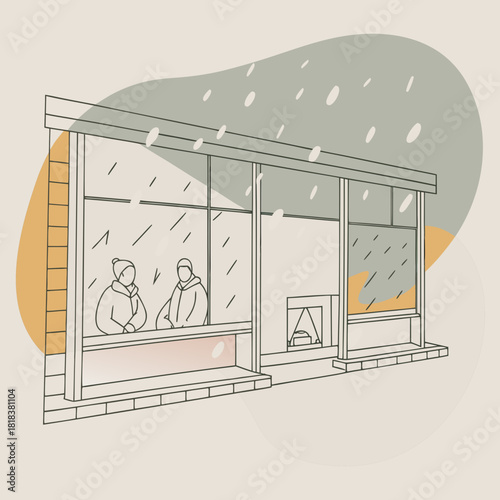 A charming line art illustration depicts two figures waiting at a bus stop in the snow, with a minimalist style and a cozy, wintery feel, perfect for seasonal greetings and artistic designs