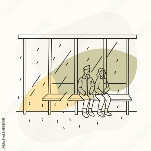 A couple sits at a bus stop in the rain, surrounded by abstract shapes, creating a sense of waiting and anticipation isolated on