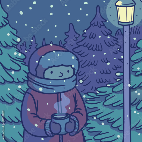 A cozy winter scene depicts a person in a hooded coat and scarf holding a warm drink amidst snowcovered trees and a glowing lamppost, capturing the serene essence of a snowy evening walk