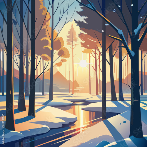 A picturesque winter scene captures the essence of a snowcovered forest, where sunlight filters through the trees, illuminating a winding stream and creating a serene and inviting atmosphere
