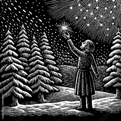 A solitary figure reaches for a radiant star amidst a serene winter landscape, surrounded by snowladen pine trees under a starlit sky, creating a magical and enchanting scene in black and white