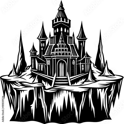 A spooky castle perched atop a floating island, rendered in a stark black and white vector illustration, evoking a sense of mystery and fantasy, perfect for halloween themes and gothic designs