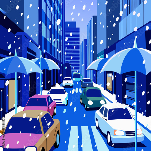 A stylized illustration of a city street during a snowstorm, featuring cars with umbrellas and pedestrians navigating the snowy conditions, creating a dynamic urban scene