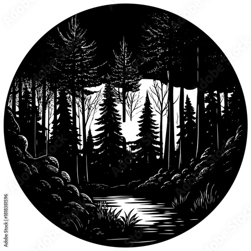 A tranquil forest scene with a winding stream is depicted in this circular black and white illustration, emphasizing the beauty and serenity of natures waterways