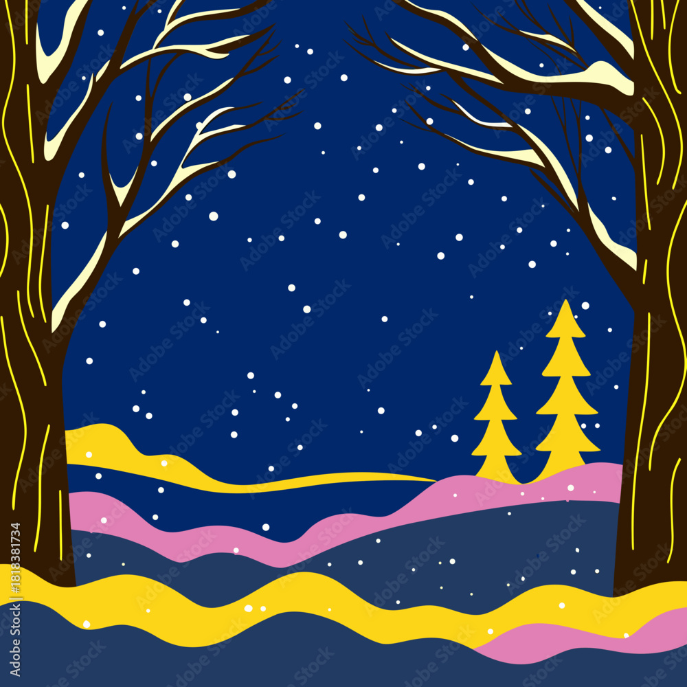 Naklejka premium A whimsical winter night scene unfolds with snow falling gently, silhouetting trees against a deep blue sky, while colorful hills and stylized fir trees add a touch of magic to the serene landscape