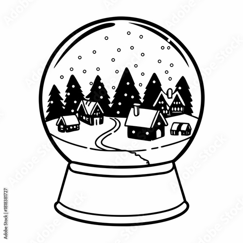 Captivating snow globe illustration featuring a serene winter village with quaint houses nestled among snowcovered hills and evergreen trees, creating a magical scene, isolated on