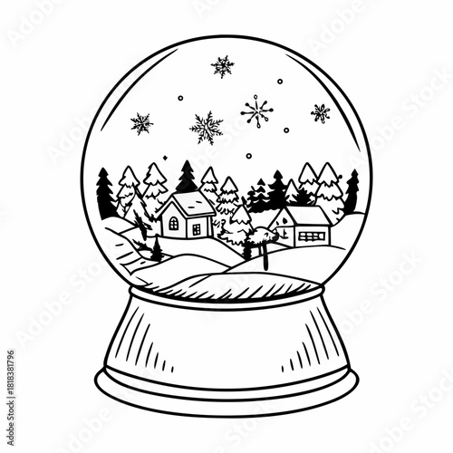 Enchanting winter scene inside a snow globe, showcasing cozy houses nestled among snowcovered hills and evergreen trees, with delicate snowflakes falling gently, isolated on