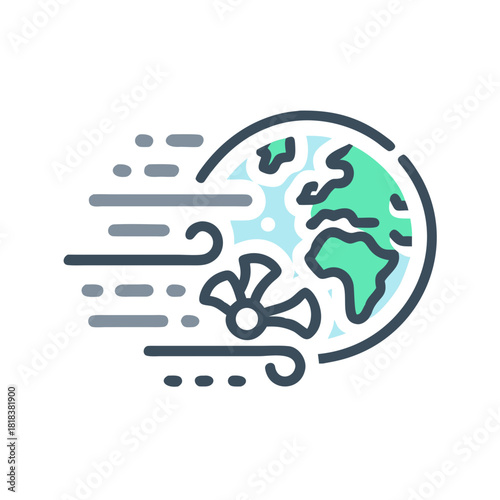 Illustration of wind power generation affecting the earths climate, depicting the impact of renewable energy sources on global weather patterns and environmental sustainability isolated on