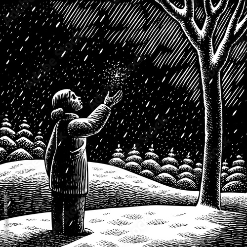Intricate woodcut illustration of a person reaching out to catch a snowflake in a serene winter landscape with snowcovered trees under a starry night sky