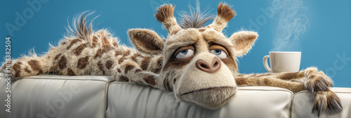 A sleepy and grumpy cartoon giraffe lying on a white leather sofa with a steaming coffee cup in a cozy blue living room. Messy fur, and a deep Monday morning mood. Generative Ai.