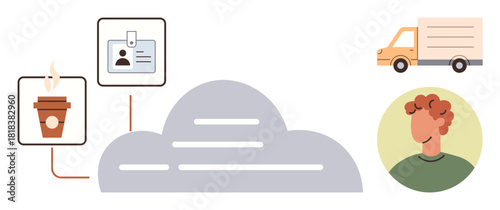 Cloud links coffee, user identity, delivery system, and consumer profile for seamless services. Ideal for technology, logistics, cloud computing, identity management, personalization user data