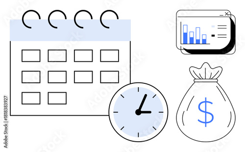 Calendar, clock, money bag with dollar sign, and analytics chart highlighting time management, financial planning, budgeting, scheduling, tracking progress productivity and goal setting. Ideal