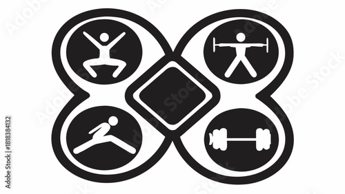 Fitness icons showing diverse workouts like squats, lunges, weightlifting, and general exercise, perfect for gym branding or health app interfaces