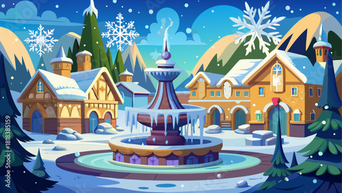 Winter town square with frozen fountain